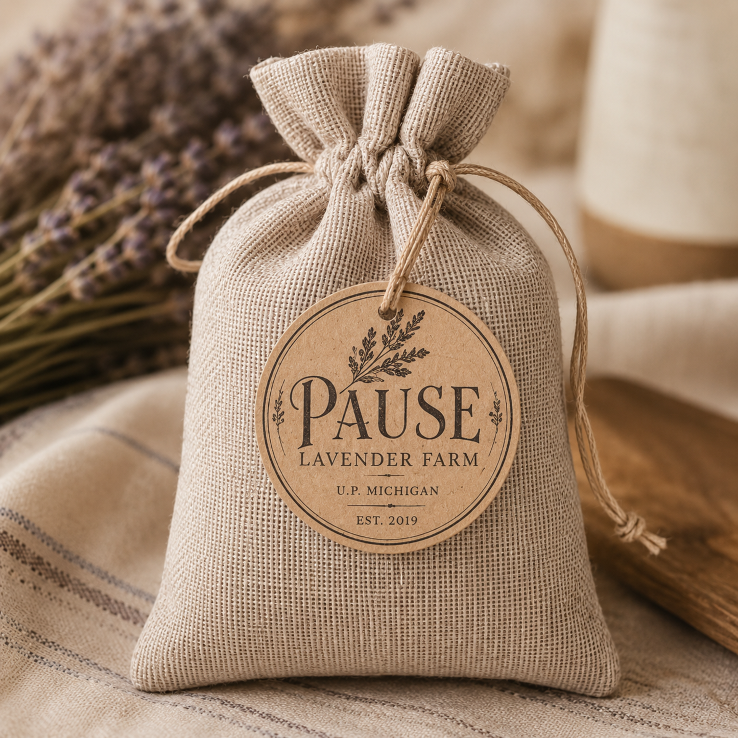 single lavender sachet in light burlap pouch