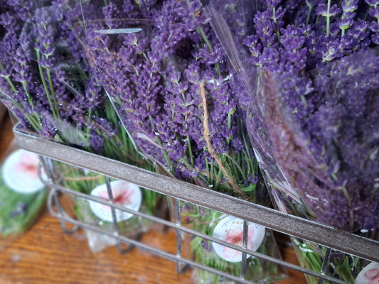 carton of lavender bouquets