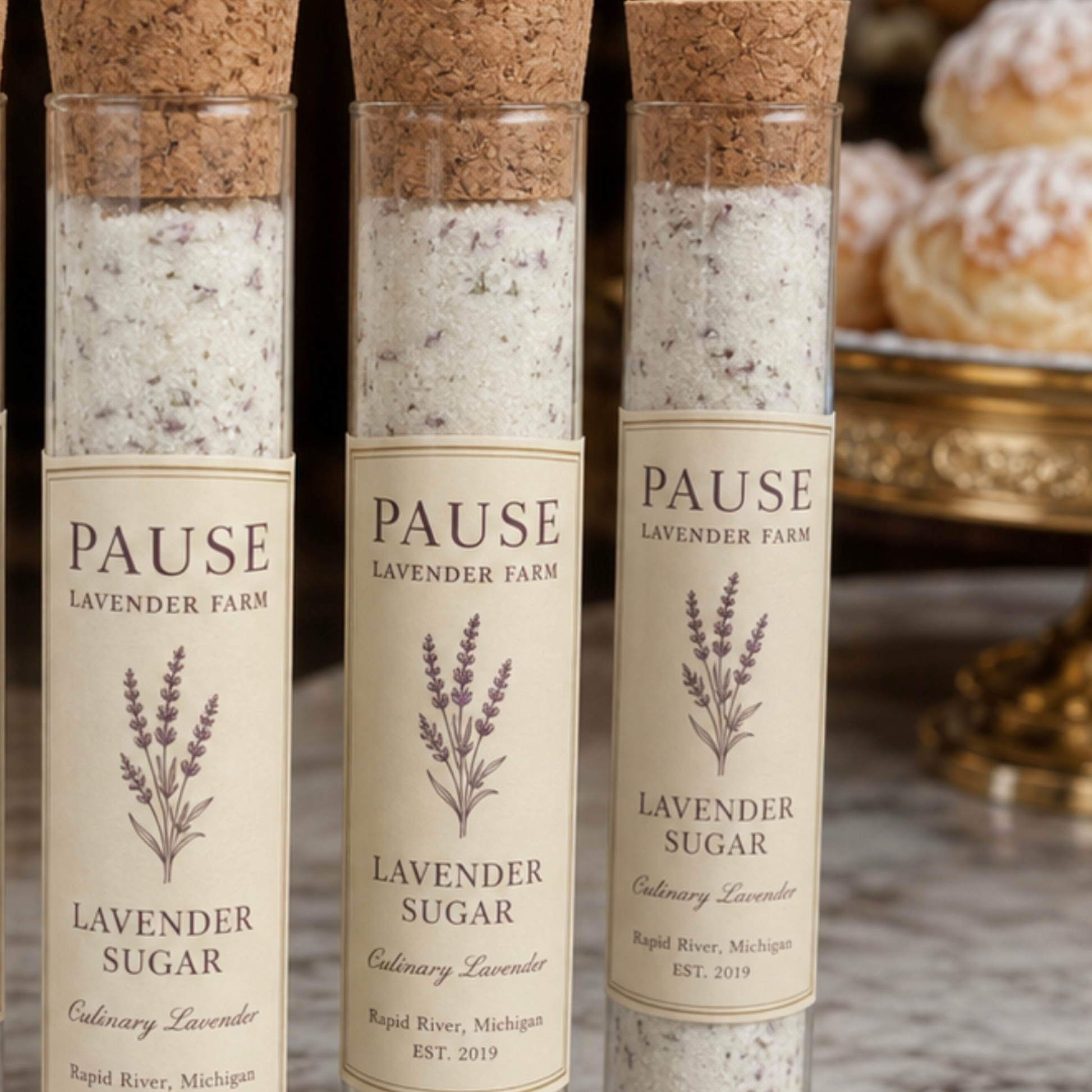 Three plastic vials with cork stoppers and cream labels reading PAUSE LAVENDER FARM LAVENDER SUGAR, filled with a pale lavender sugar, shown in a softly blurred indoor setting.