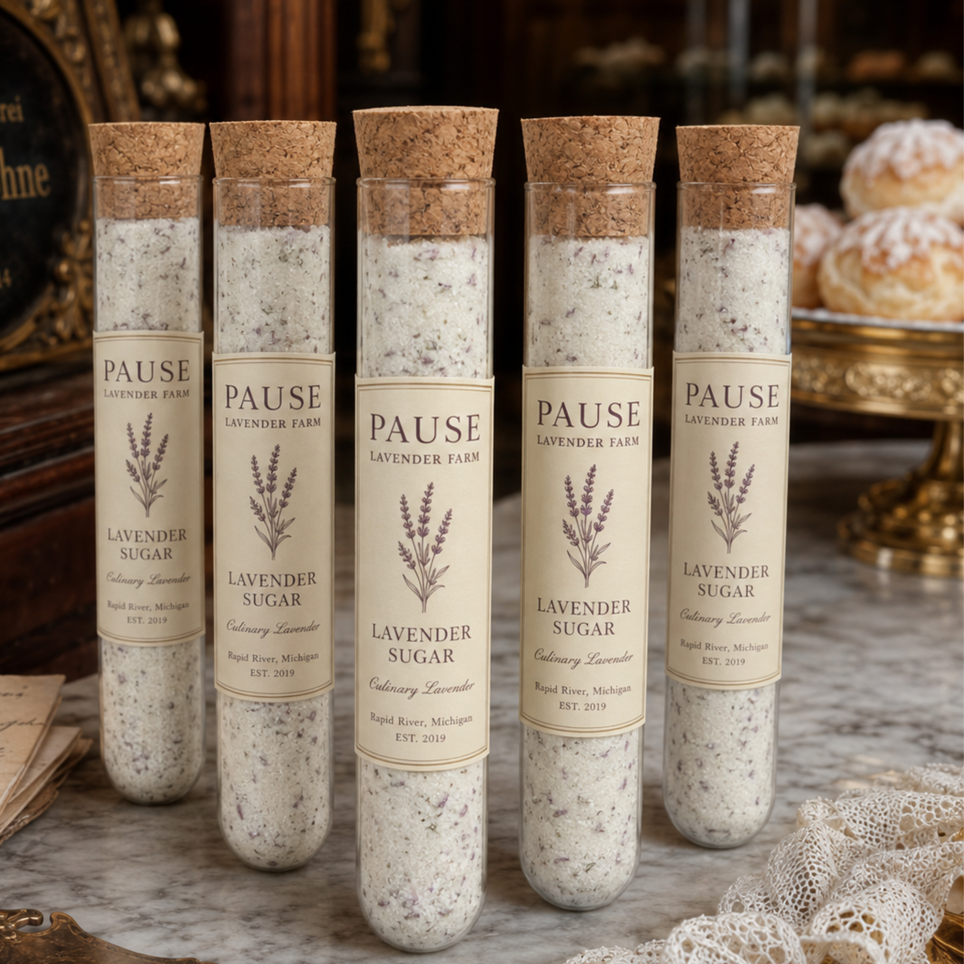 Five plastic tubes filled with lavender-infused sugar are arranged on a marble surface with a rustic, warm-toned background. Each tube is sealed with a cork stopper and features a cream-colored label with the brand 'Pause Lavender Farm' and an illustration of lavender sprigs.