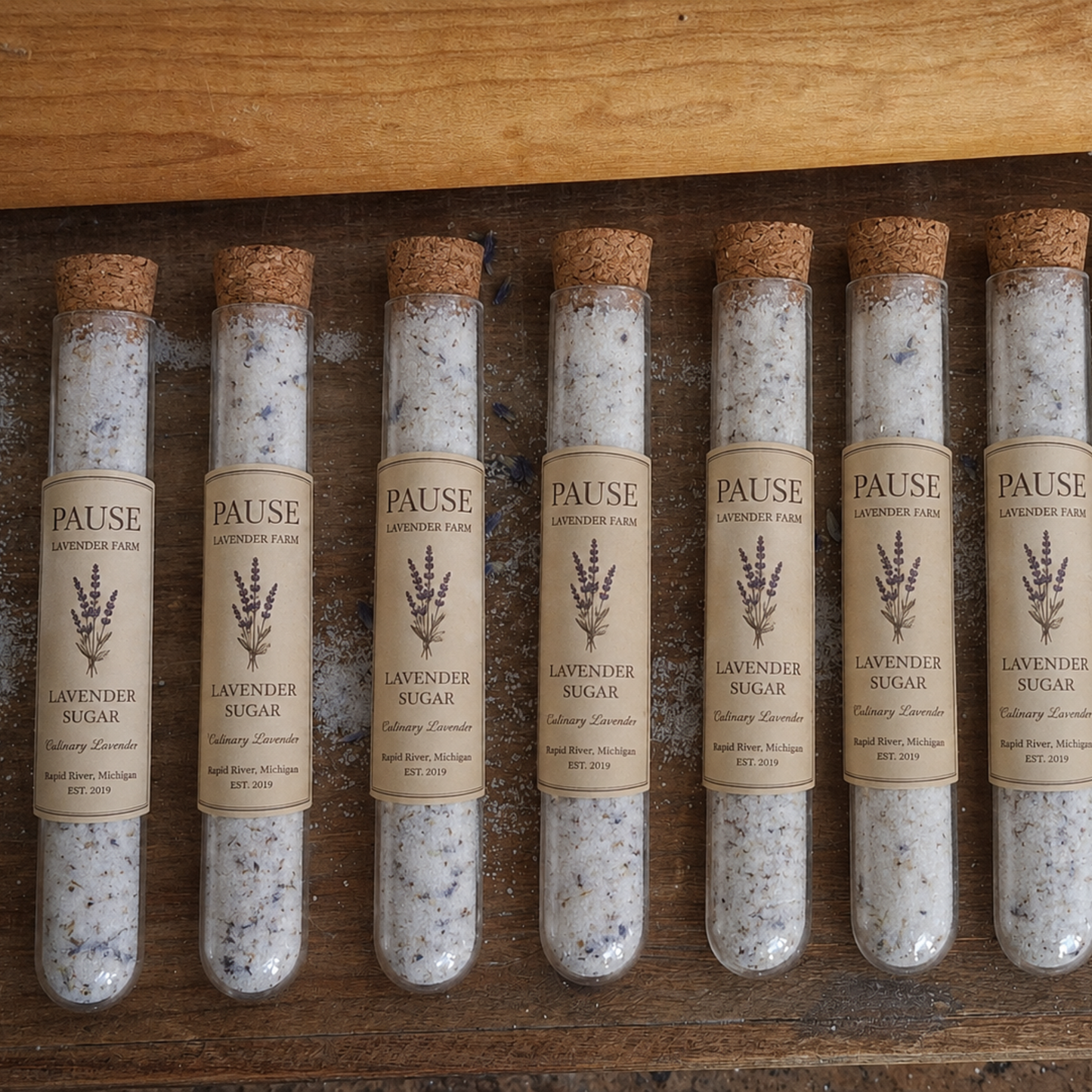 Seven glass vials filled with lavender sugar are arranged in a row on a wooden surface. Each vial has a cork stopper and a beige label printed with the brand name 'PAUSE LAVENDER FARM' and 'LAVENDER SUGAR'.