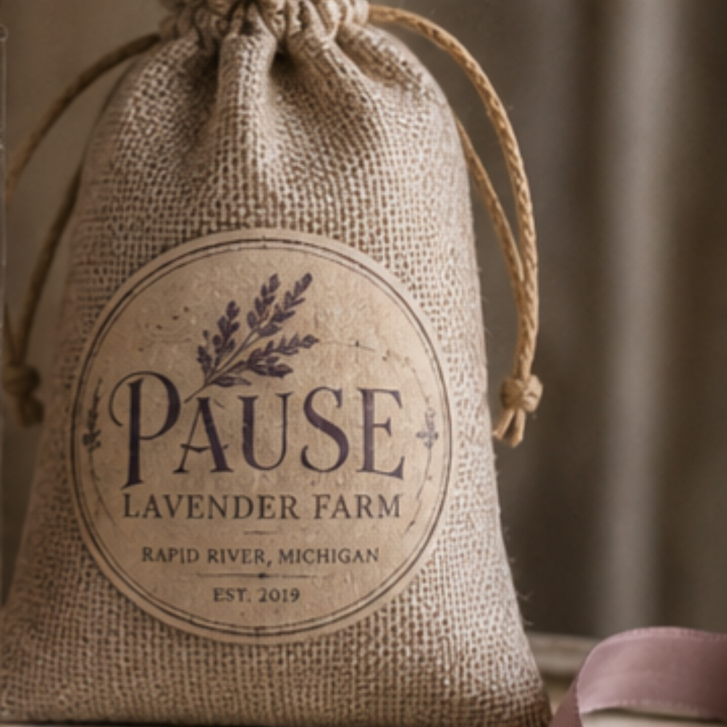 A natural burlap drawstring pouch with a printed oval label reading 'PAUSE LAVENDER FARM RAPID RIVER, MICHIGAN EST. 2019' on a soft neutral background.